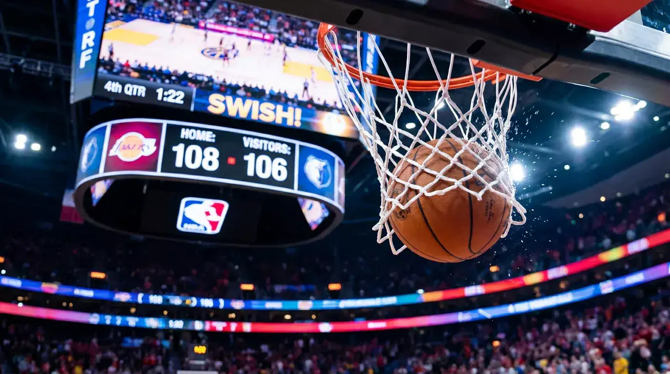 Basketball going through hoop during NBA game with scoreboard showing team points total